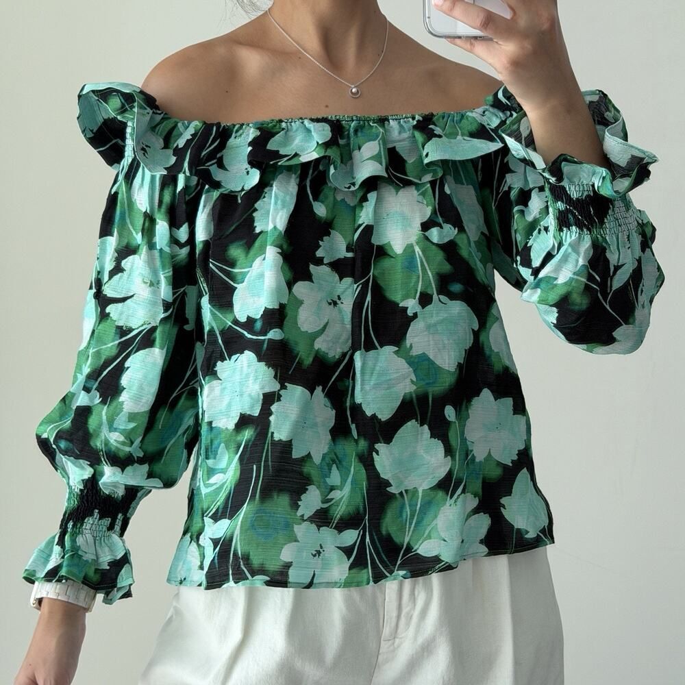 Christy Lynn Top Large Blue Black Floral Off Shoulder Blouse Romantic Feminine
